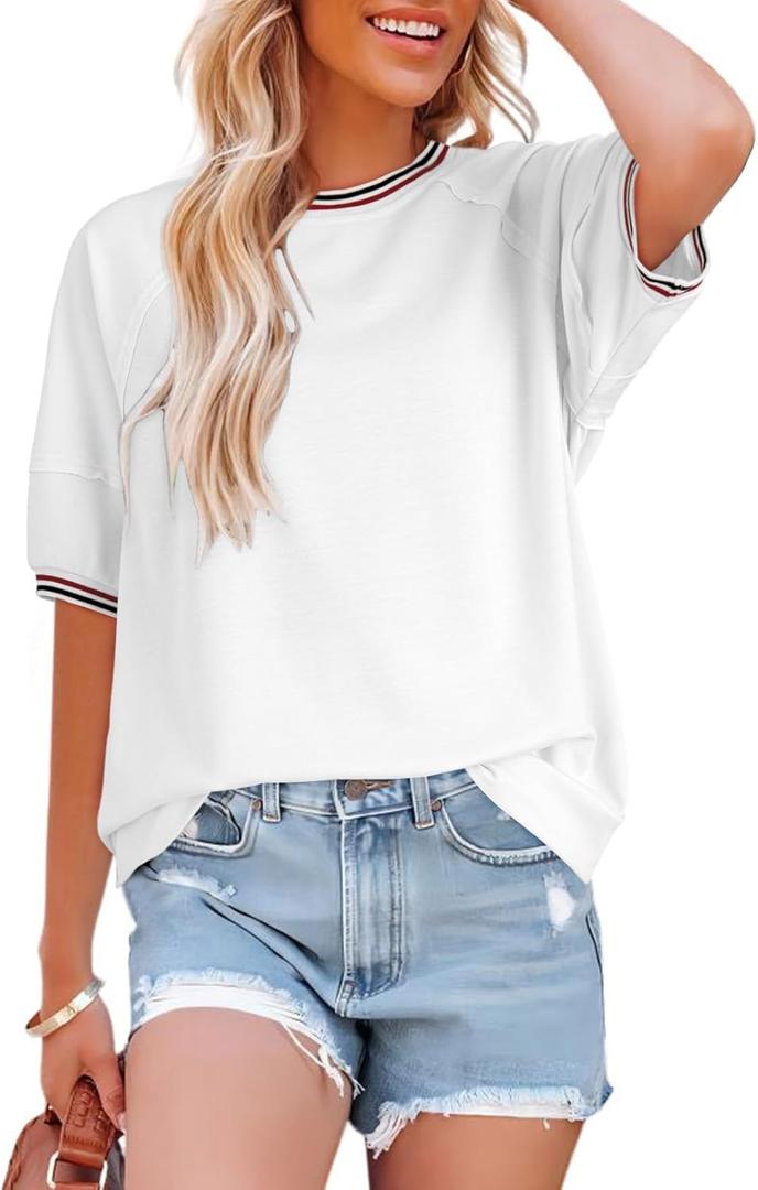 Dokotoo T Shirts for Women Striped Color Block Loose Fit Round Neck Womens Tops Fashion 2025 Oversized Tshirts for Women, Extra Large 