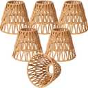 Tujoe Small Rattan Bell Lamp Shade Boho Handwoven Barrel Rattan Chandelier Shades Replacement for Table Floor Lamp Pendant Light Fixtures, 5.5" H x 5.9" D, 2.76" Fitter(6 Pcs,Boho,Normal)