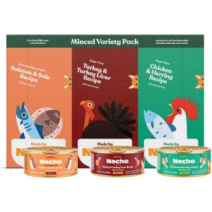 Made by Nacho Premium Minced Wet Canned Cat Food with Hydrating Bone Broth 5.5oz (12 Packs) (Variety Pack (Turkey & Turkey Liver, Chicken & Herring, and Salmon & Sole)), BB Date 06/28/2026