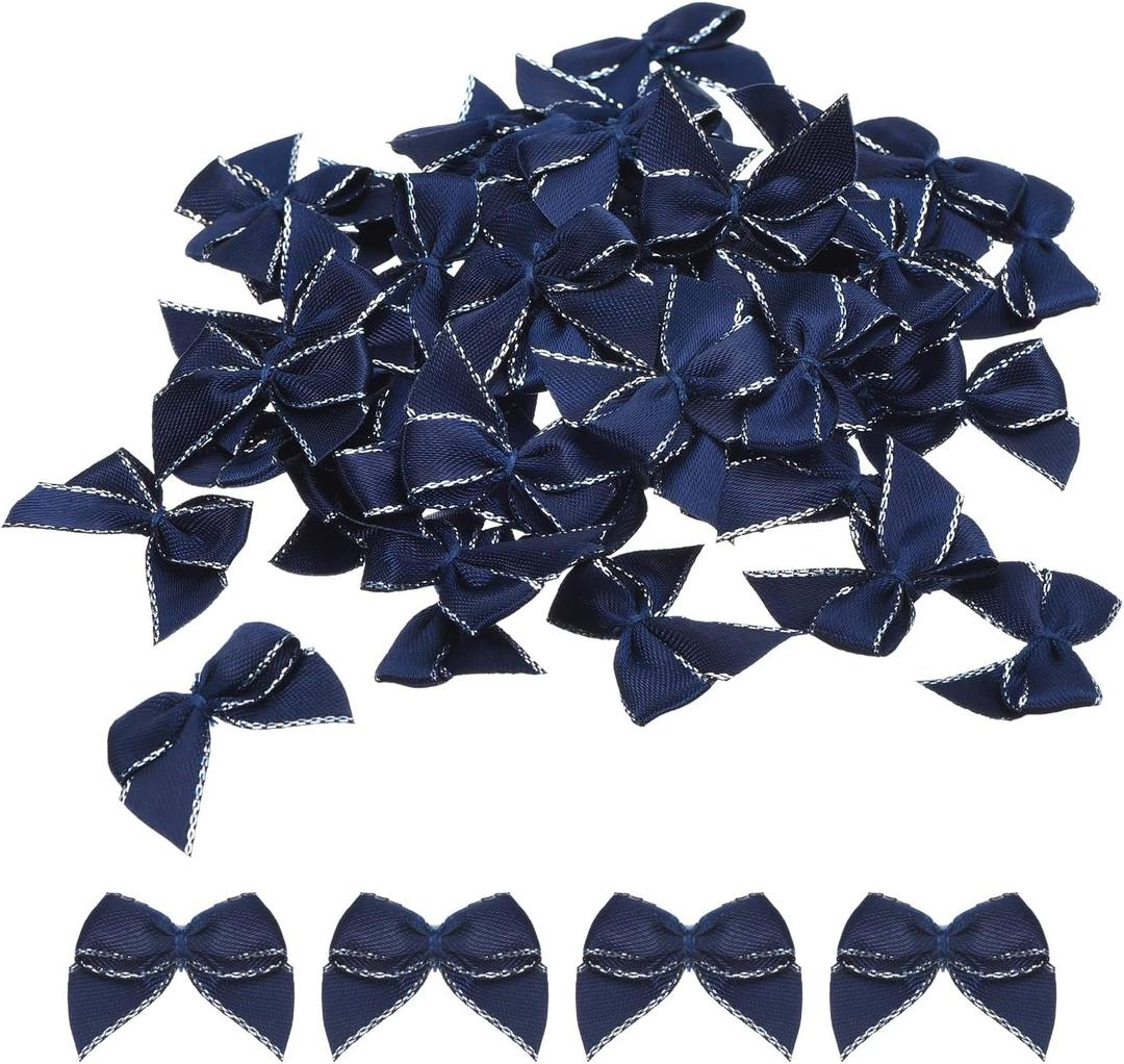 MECCANIXITY 100Pcs Mini Metallic Edge Ribbon Bow 1" Satin Ribbon Flower Bows Soft for Craft DIY Hair Bow Sewing Wedding Birthday Party Silver Edge Navy Blue