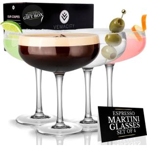 VEMACITY - Elegant Espresso Martini Glasses Set of 4 - Classic 10oz Coupe Glasses for Martinis, Champagne, Margaritas, and More - Handblown Crystal Cocktail Glassware - Wedding Gift, Gift Sets