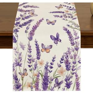 2 x Spring Summer Purple Lavender Floral Butterflies Table Runner 13x72 Inch Seasonal Kitchen Dining Table Decor for Indoor Outdoor Farmhouse Home Anniversary Party Decoration ZQ110