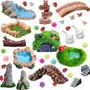 U-Zimikee 45 Pcs Resin Mini Garden Accessories - Miniature Landscape Decorations with Mini Bridge Pond Mountain House Figurines Swan Ladybug Butterfly Flower Figures Bulk for Dollhouse Garden Craft