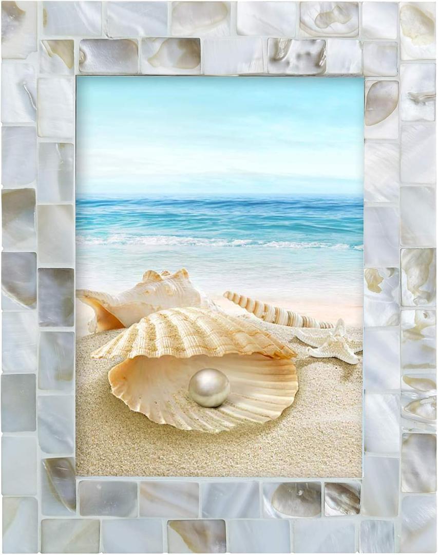 Handmade Picture Frames, 5" x 7"Vintage Mother of Pearl Photo Frame,Unique Natural Style,Chic Mosaic Beach Picture Frame Tabletop or Wall Hanging Display Frame (White, 5x7)
