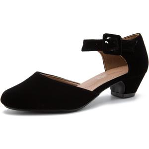 Enelauge Women's Ankle Strap Closed Toe Low Chunky Heel Dress Work Pumps Velvet Black 41-8.5 US