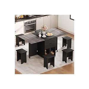 DWVO 7 Pieces Folding Extendable Dining Table Set without Chairs for 6 Peoples 66.9 Inch Drop Leaf Wood Kitchen Dining Room Table Set with 2 Storage Drawers & Wheel for Small Space Saving Grey Oak