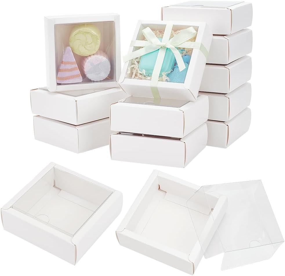 BENECREAT 20Pcs Clear Square Paper Boxes with Clear PVC Window, 3.33.31.3Inches Paper Gift Packaging Box for Wedding Favor, Festival Gift, Chocolates, Cookies, Small Crafts