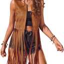 BEAUDRM Women's Fringe Vest Sleeveless 70s Hippie Faux Suede Trim Western Cowgirl Tassel Jacket Cardigan Deep Brown, X-Large