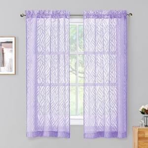 Chyhomenyc Marilyn Light Purple Sheer Curtains 63 Inch Length 2 Panels Set, Light Filtering Airy Voile 3D Leaf Clip Jacquard Textured Drapes for Bedroom Living Room Window, 38Wx63L Inches, 2 Panels Set of 2