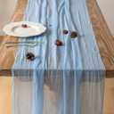 Keketoarrange Spring Table Runner Light Blue Cheesecloth Gauze Rustic Cheese Cloth Table Runner 120 Inch 10 FT for Wedding Baby Shower Bridal Shower Birthday Party Sheer Summer Home Boho Decorations