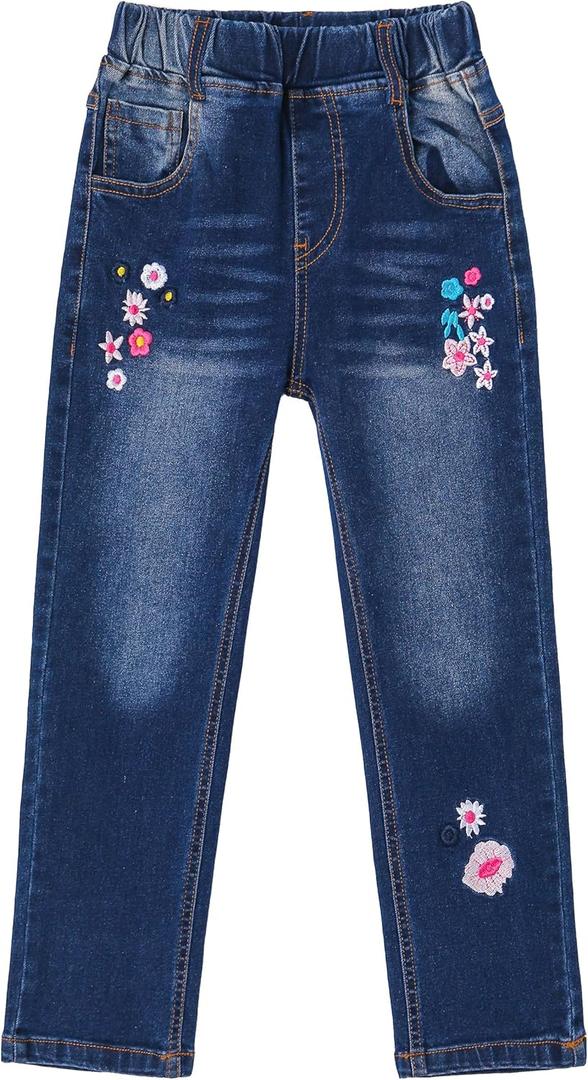 KIDSCOOL SPACE Girls Jeans, Ribbed Elastic Waist Embroidered Denim Pants (10-12 Years, Blue-2125)