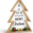 Christmas Table Decorations for Home Christmas Tree Centerpiece Decoration Indoor Wooden Farmhouse Rustic Xmas Trees Tabletop Sign Decorative Block Shelf Tiered Tray Office Desk Window Decor Party Holiday Merry (Large, white)