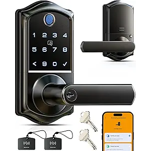 Veise VE019 Fingerprint Smart Lever Lock - APP Control, Keypad Door Lock with Handle, Keyless Entry for Front Door and Bedroom, Electronic Digital Knob, Remote Grant, IP55 Weatherproof, Matte Black