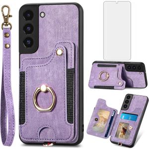 Phone Case for Samsung Galaxy S22 5G Wallet Cover with Tempered Glass Screen Protector and Wrist Strap Lanyard RFID Credit Card Holder Ring Stand Cell Accessories S 22 22S 4G G5 6.1 inch Women Purple