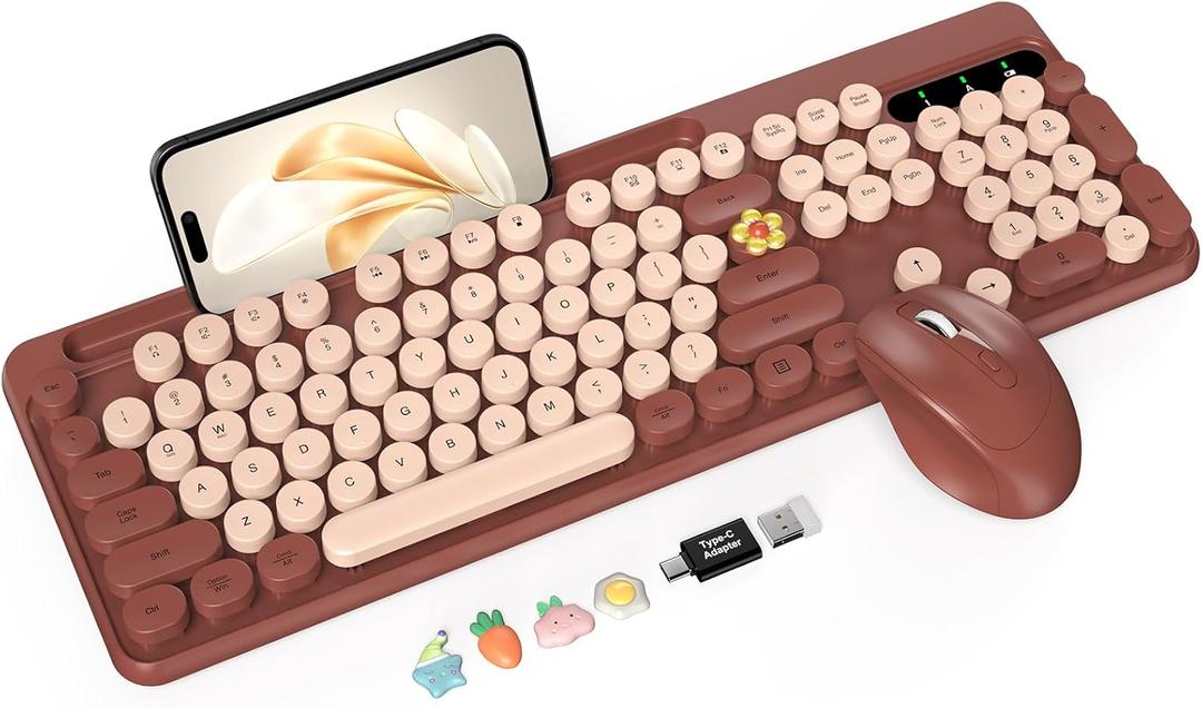 Wireless Keyboard and Mouse Combo, Retro Round Keycaps, Full-Size Cute Typewriter Keyboard with Large Phone/Tablet Holder, Auto-Sleep, 2.4GHz Cordless Connection for Windows/PC/Laptop 