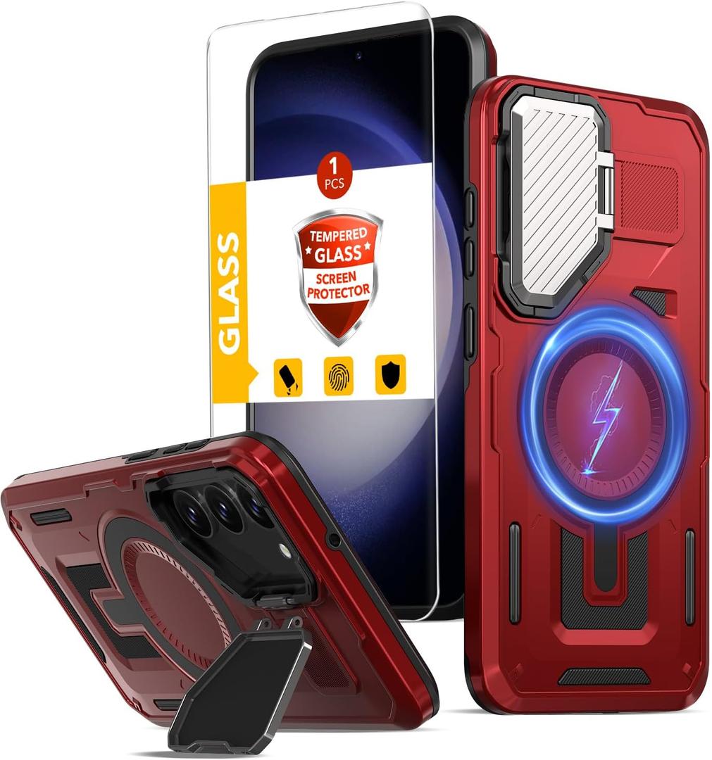 2 x for Samsung Galaxy S23 Case Magnetic Compatible with MagSafe Support Wireless Charger,Built-in Camera Cover Kickstand+with Screen Protector,Military Grade Drop Full-Body Phone Protection Red
