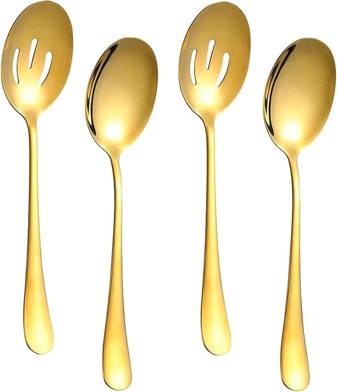 4 Pieces Serving Spoons Set, Includes 2 Serving Spoon and 2 Slotted Spoon, 8.8 Inch Stainless Steel Buffet Banquet Spoons, Serving Utensils Set for Parties, Gold