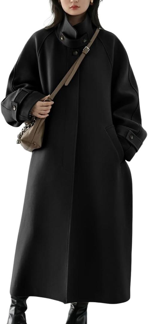 chouyatou Women's Winter Hidden Single Breasted Wool Coat Raglan Sleeve Business Long Wool Overcoat (Small, Black)