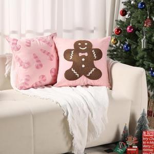 STORRVOL Set of 2 Pink Christmas Pillow Covers 18x18 Inch Christmas Gingerbread Man Cane Pillow Xmas Throw Pillow Covers Xmas Embroidery Pillowcase for Home Winter Holiday Party Couch Sofa Decoration