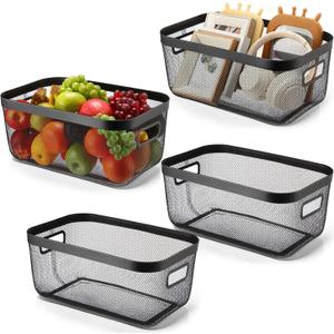 4 Pack Metal Mesh Basket with Hollow Handles Black Wire Storage Bin for Organizing Stackable Metal Fine Mesh Basket for Pantry Bathroom Kitchen Cabinets Shelves (X-Large)