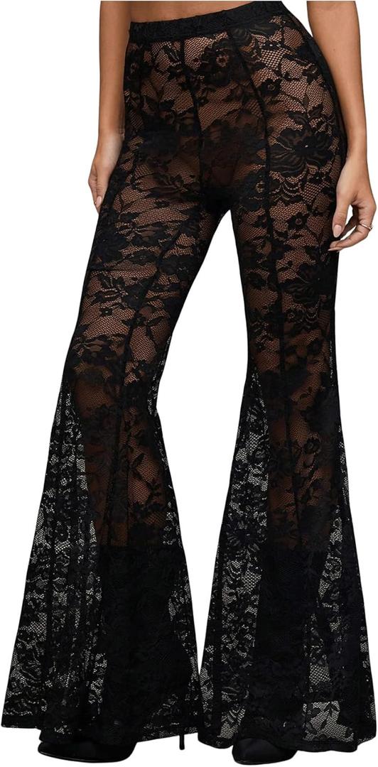 Verdusa Women's Sheer Lace High Waist Flared Leg Pants Bell Bottom Lightweight Summer Outfit (Large, Black)