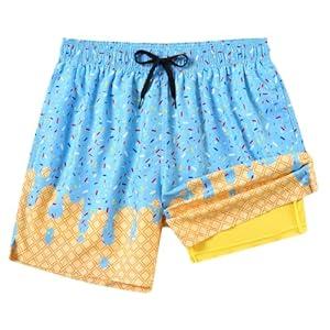 westwolf Men Swim Trunks Blue Ice Cream 5.5 inch Swimming Shorts Men's Quick Dry Beach Board Shorts 2 in 1 Swimwear with Compression Liner 5 Bathing Suits, Size XL Yellow