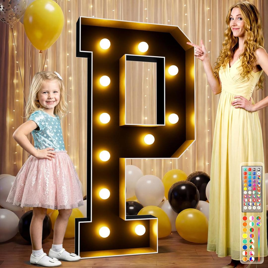 Ledido 34 Colors Marquee Letters 4 Feet Tall with Remote, Easy to Assemble 4FT Marquee Light Up Letters, Large Black Letter for Birthday Graduation Wedding Events Party Decorations, Light Up Letter P