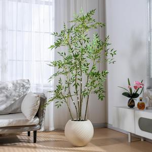 6ft Faux Bamboo Tree Artificial Nandina Tree Artificial Indoor Plants Realistic Fake Potted Tree with 800+ Leaves, Cement Planter - Home Office Decor Perfect for Housewarming Gift Non-Toxic (Green)