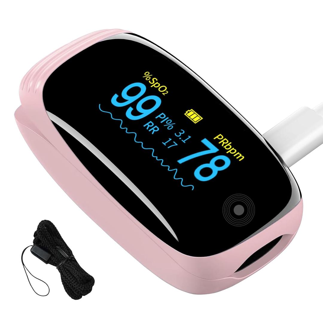 Fingertip Pulse Oximeter with Respiration Rate Monitoring, SpO2, Heart Rate, PI & RR Measurements, Blood Oxygen Rechargeable OLED Display with 6 Modes & 4-Way Rotatable Screen (Pink)