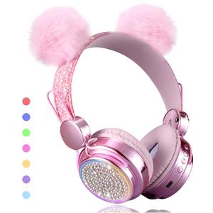 Wireless Girls Headphones Bluetooth, LED Light up Color Changing Kids Headphones with MIC, 10 Hours Anime Cute Headsets for School,Parties (Pink)