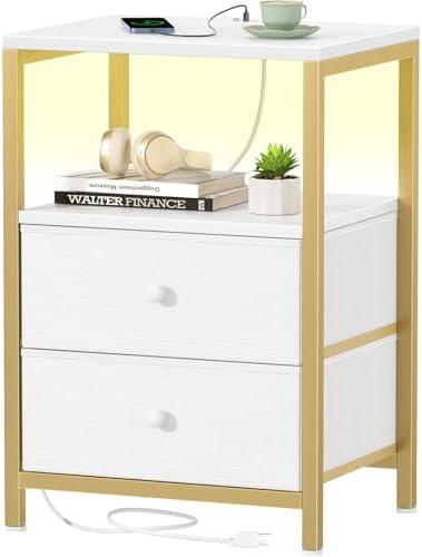 BOLUO Gold Nightstand with Charging Station, LED Night Stand with 2 Fabric Drawers, Bedside Table with USB Ports and Outlets, Nightstand for Bedroom Modern