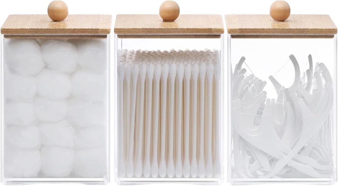 Tbestmax 3 Pack Square Qtip Holder - 12 oz Bathroom Organizers and Storage Containers, Plastic Apothecary Jars with Bamboo Lids for Cotton Ball, Cotton Swab, Floss