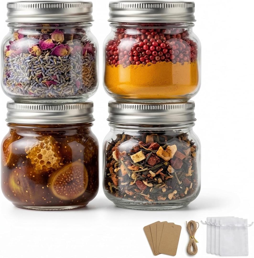 8 oz Mason Jars with Airtight Silver Lids - 4 Pack Small Glass Jars - Thickened Wide Mouth Canning Jars for Spell Jars, Candle Making, Premium Spices & Bathroom Vanity Decor
