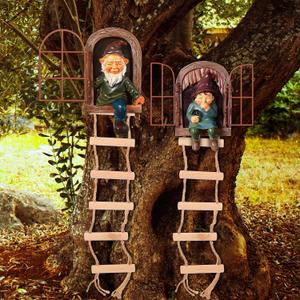 Thyle 4 Pieces Garden Gnomes Outdoor Tree Hugger Gnome Fairy Statue Elf Out the Door Resin Figurine Hanging Ladder Decoration Tree Faces Decor Outdoor for Patio Yard Lawn(Rustic Style)