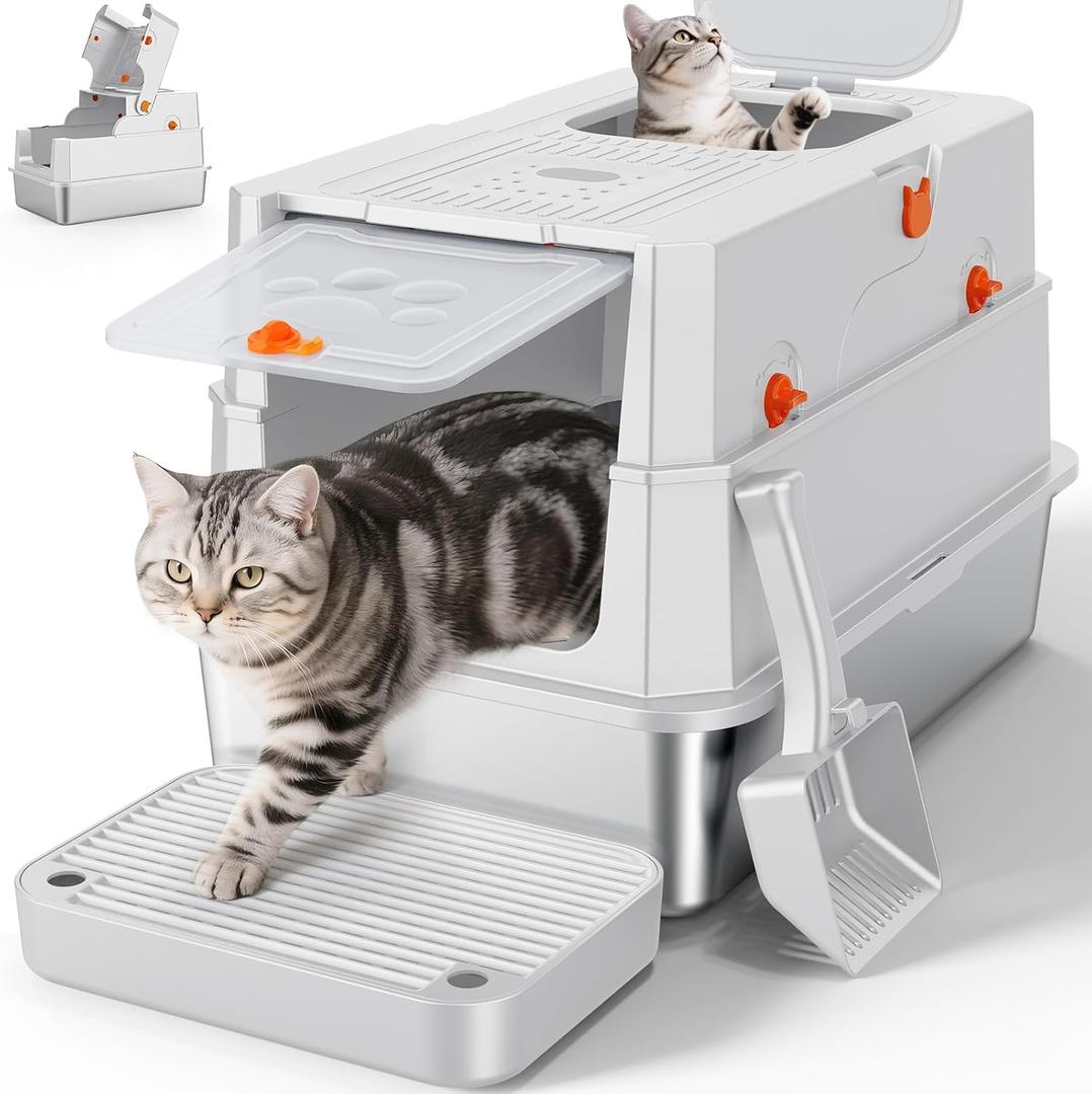 FURTIME Stainless Steel Litter Box with Lid, Enclosed Metal Cat Litter Box, X-large, Silver