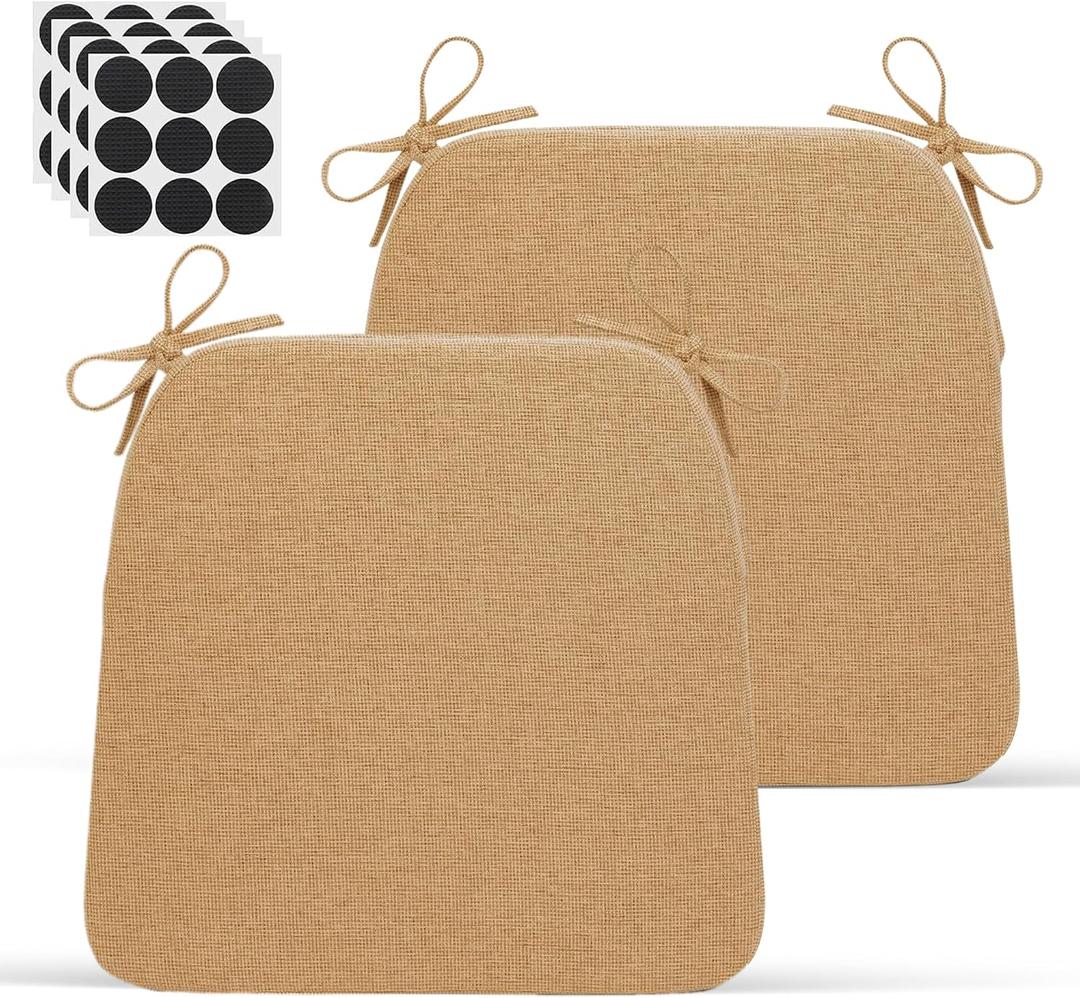 Chair Cushions for Dining Chairs - 17" x 16" x 2" D-Shaped Indoor Seat Cushions - Non Slip Chair Pads with Removable Ties and Washable Cover Set of 2 - Chair Leg Pads Included - Khaki, Pack of 2