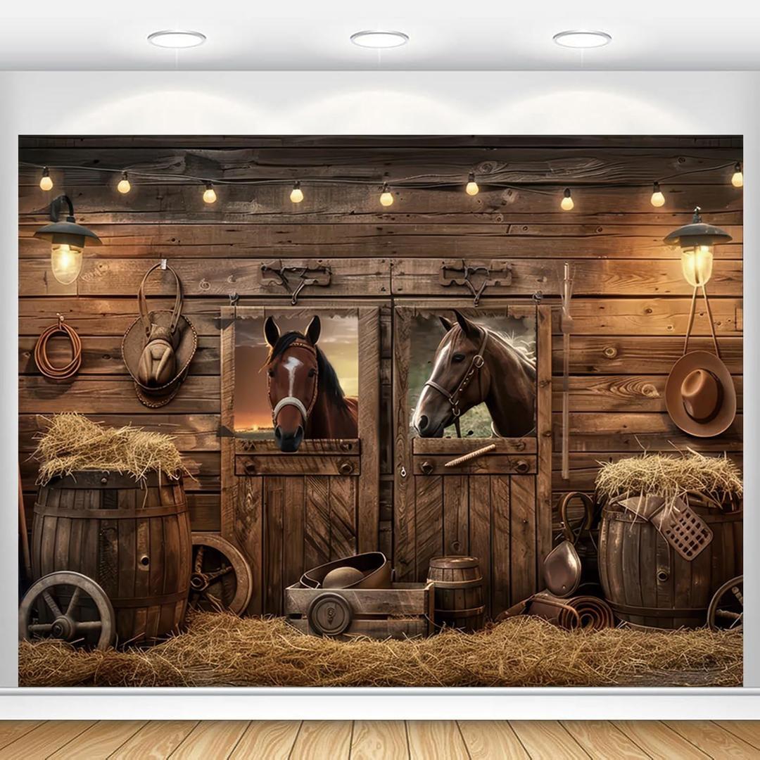 Western Cowboy Party Decorations Backdrop 10x8ft Wild West Rodeo Banner Saloon Country Horse Rustic Barn Door Photography Background for Baby Shower Birthday Supplies Photoshoot Polyester Fabric