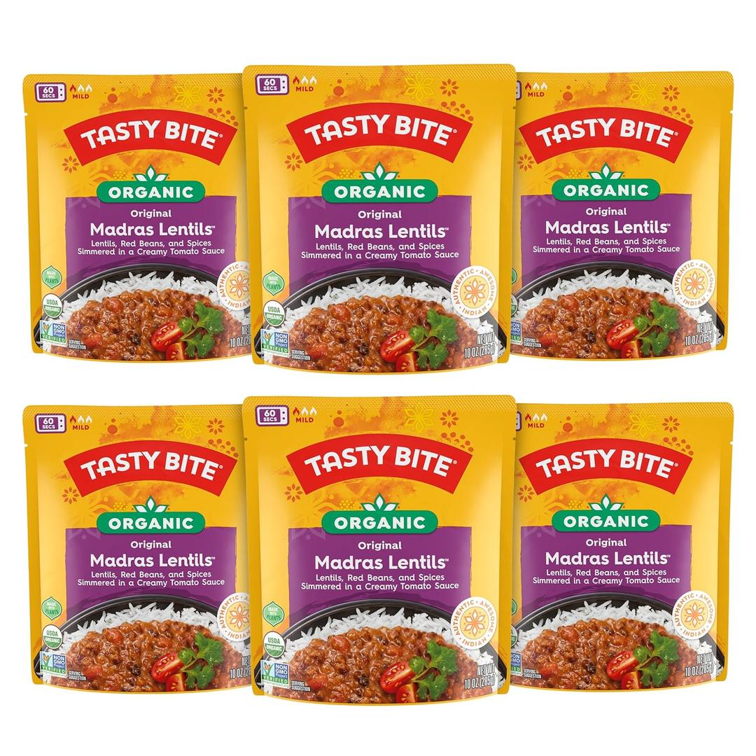 Tasty Bite Organic Madras Lentils, 10 Ounce, Pack of 6, Ready to Eat, Microwavable Entree, Vegetarian, Best By Jan 31, 2027
