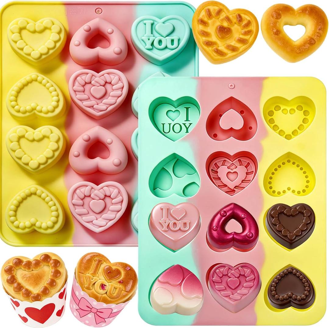 2PCS Heart Silicone Molds for Chocolate, Candy, Wax - 12 Cavities Each, 6 Love Designs, Non-Stick Food Grade Fondant Mold for Valentine's Day Gift, Baking, Ice Cube, Resin Crafts, Soap, Candle Making