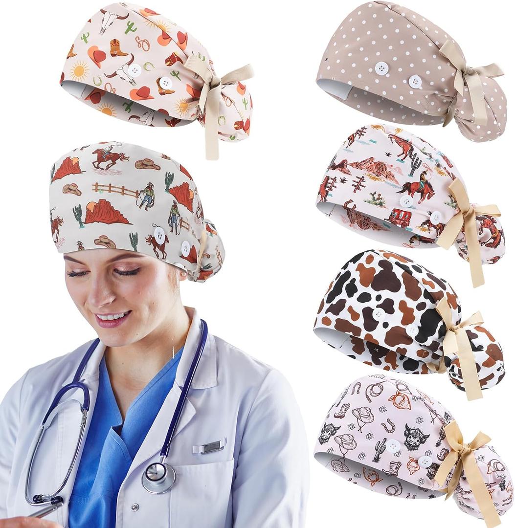 6 Pcs Scrub Caps for Women Doctor Nursing Hats with Buttons Adjustable Tie Back Working Cap Bouffant Scrub Hats for Women Men