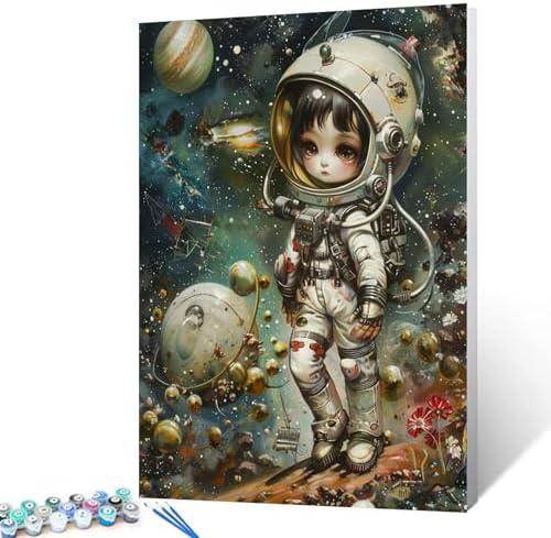 Female Astronaut in Planets Paint by Numbers Kits with Brushes and Acrylic Pigment on Canvas Painting for Adults,Fashion Women/Girl Picture for Home Wall Decor Nordics Gift 16''x20'' inch(DIY Framed)