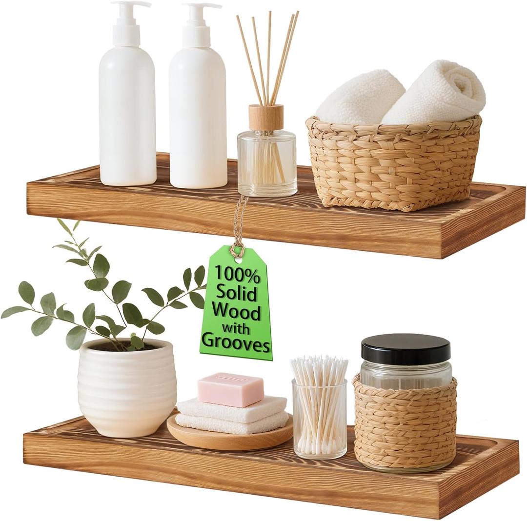Solid Wood Floating Shelves Bathroom 16 inch Rustic Wall Wood Display Shelves with Grooves Set of 2 Home Decor for Living Room Bedroom Kitchen Farmhouse 16x6.7 inch - Brown