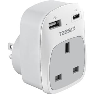 TESSAN UK to US Plug Adapter, UK Plug Adapter with AC Outlet 2 USB Ports, Type G Power Outlet Adaptor Ireland Singapore Hongkong to Type B USA Travel Adaptor