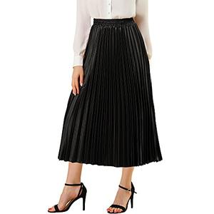 Allegra K Women Pleated Skirt Midi Length Elastic High Waisted A Line Swing Flare Metallic Shirring Party Valentines Skirts Medium Black, M