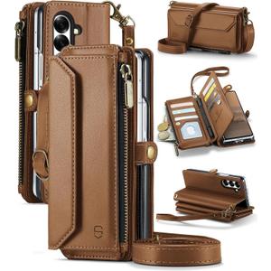 Wallet Case Compatible with Samsung Galaxy Z Fold 7 with RFID Blocking Card Holder Slot Soft PU Leather Shoulder Strap Zipper Pocket Purse Galaxy Z Fold7 Phone Case, Brown