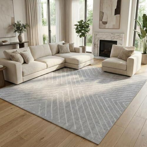 Garvee Modern Geometric Area Rugs 9x12 Washable Rugs for Living Room Bedroom, Low Pile Ultra Soft Accent Carpet, Non Slip & Non Shedding Floor Mats for Under Dining Table Home Office Decor, Light Grey