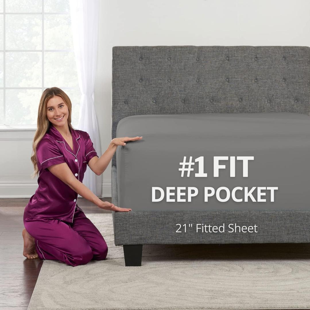Deep Pocket Queen Fitted Sheet  17 - 21 Inch + Extra Deep Pocket Fitted Sheet Only - 1 Fitted Bed Sheet with Deep Pockets for Pillow Top Mattress Soft Queen Size Fitted Sheets Grey (Medium Gray)