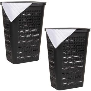 Mind Reader Slim Tapered Laundry Hampers with Lid, Clothes Basket with Swiss Cross Cut-Outs, Lightweight & Ventilated, Plastic, Set of 2, Black, 16.75" x 12.75" x 23"
