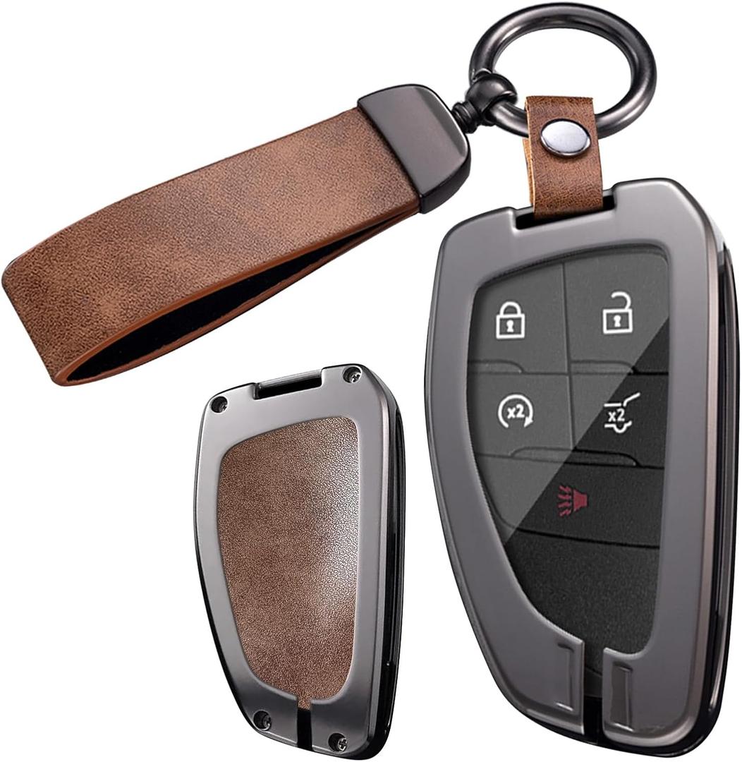 Ontto Key Fob Cover Fit for GMC Acadia 2025 Car Key Case for Hummer EV Yukon Canyon Sierra Terrain 2021-up,Metal and Leather Key Housing with Clear TPU Front Case,Brown