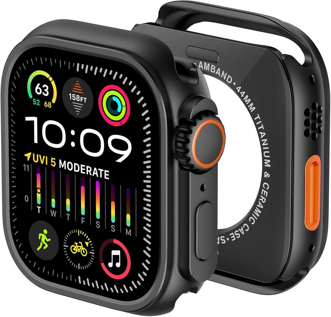 amBand 3 in 1 Metal Case Compatible with Apple Watch Series SE 3/SE 2/SE 6/5/4 44mm, W1 Protector Rugged Bumper with Watch Crown + Back Cover, Black